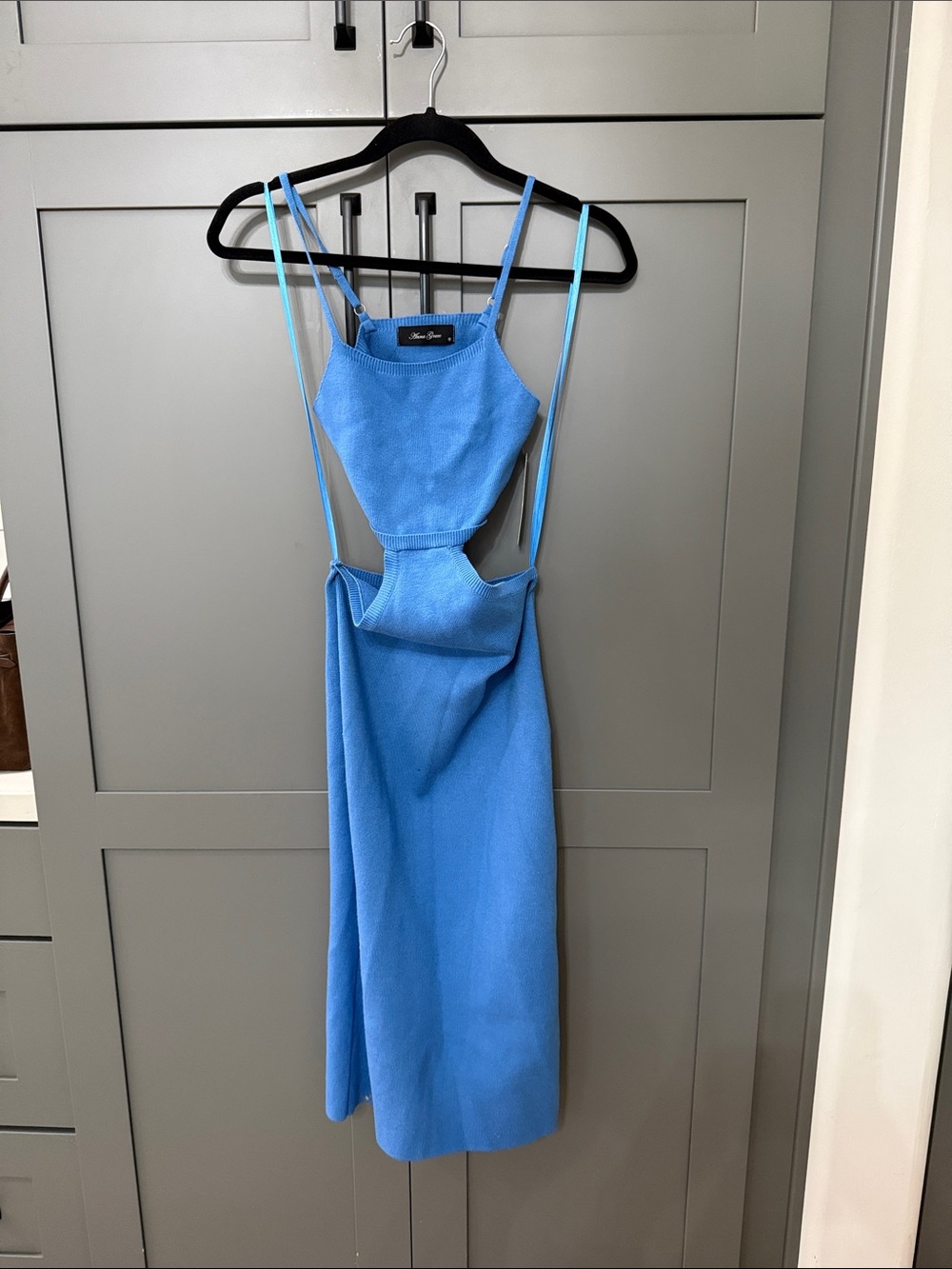 Anna Grace Sz M Blue Backless Strappy Cutout Knit Midi Dress